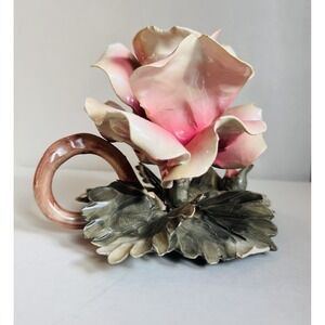 Nuova Ceramiche Italian Pink Rose On Lily Pad Flower Figurine Hand Painted Italy